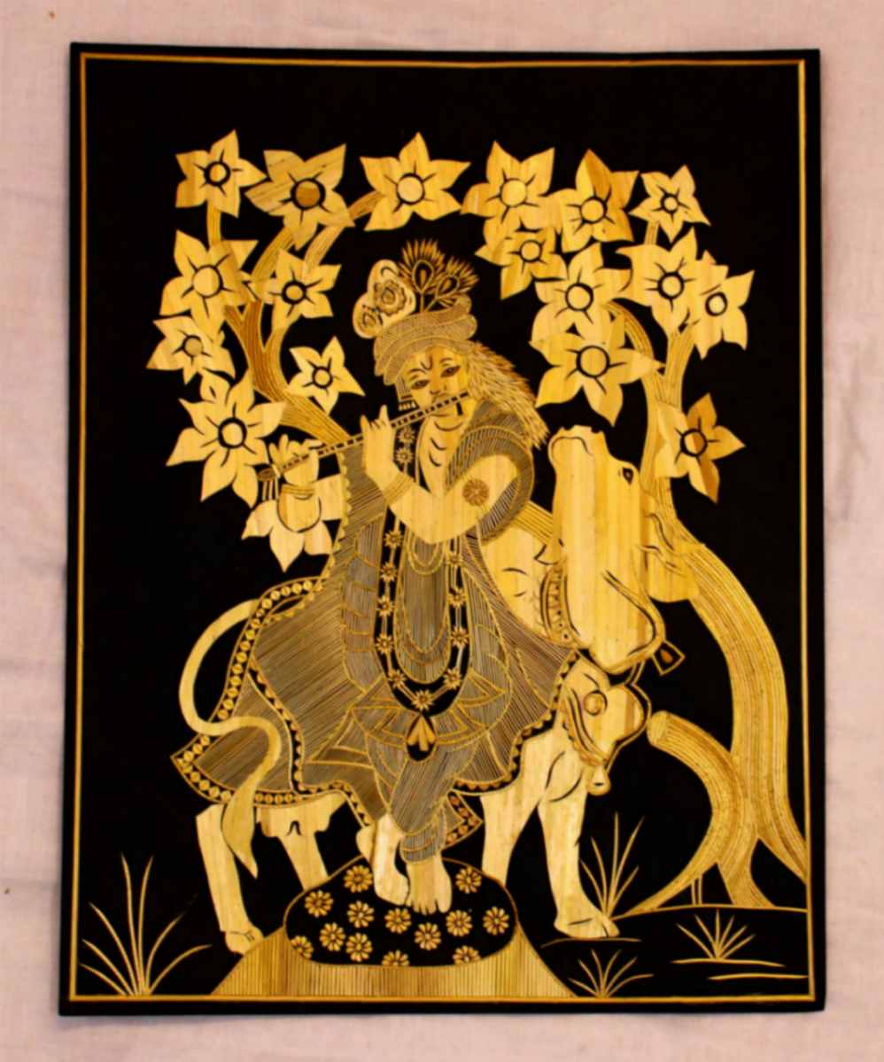 Divine Serenity: Lord Krishna and the Sacred Cow in Sikki Grass Art